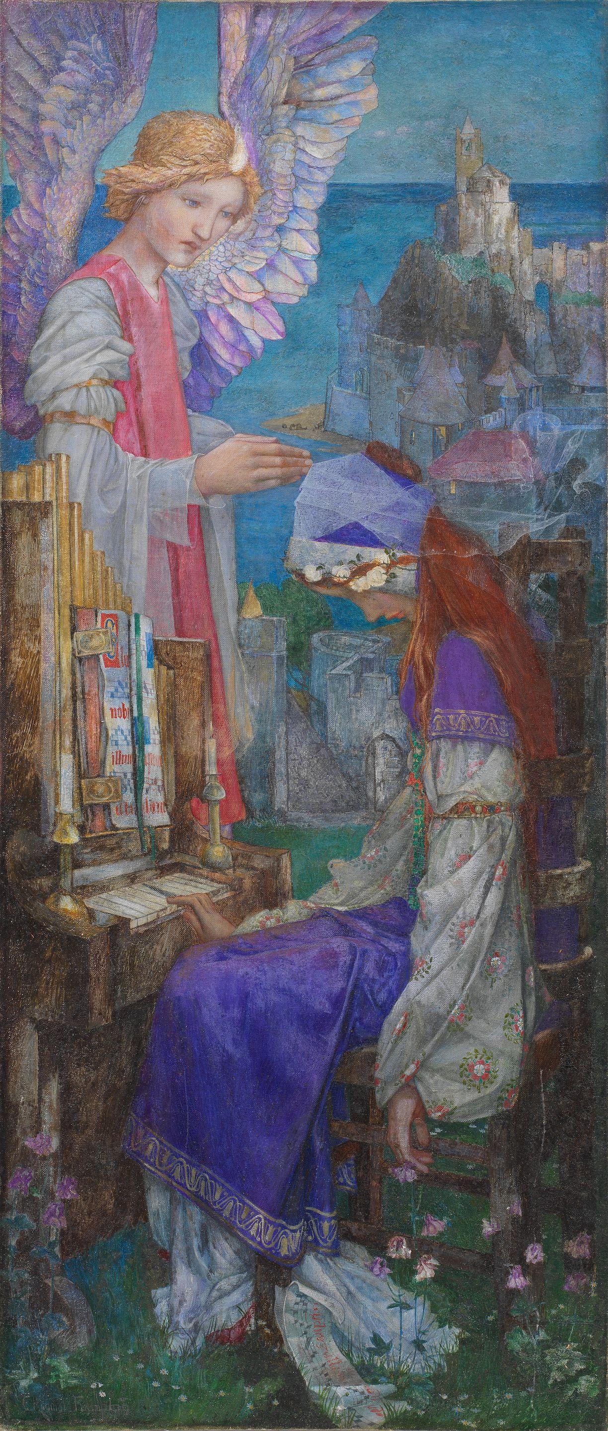 Edward Reginald Frampton, ROI - \'Or in a clear-wall\'d city on the sea Near gilded organ pipes, her hair wound with white roses, slept St.Cecily, An angel look\'d at her\'