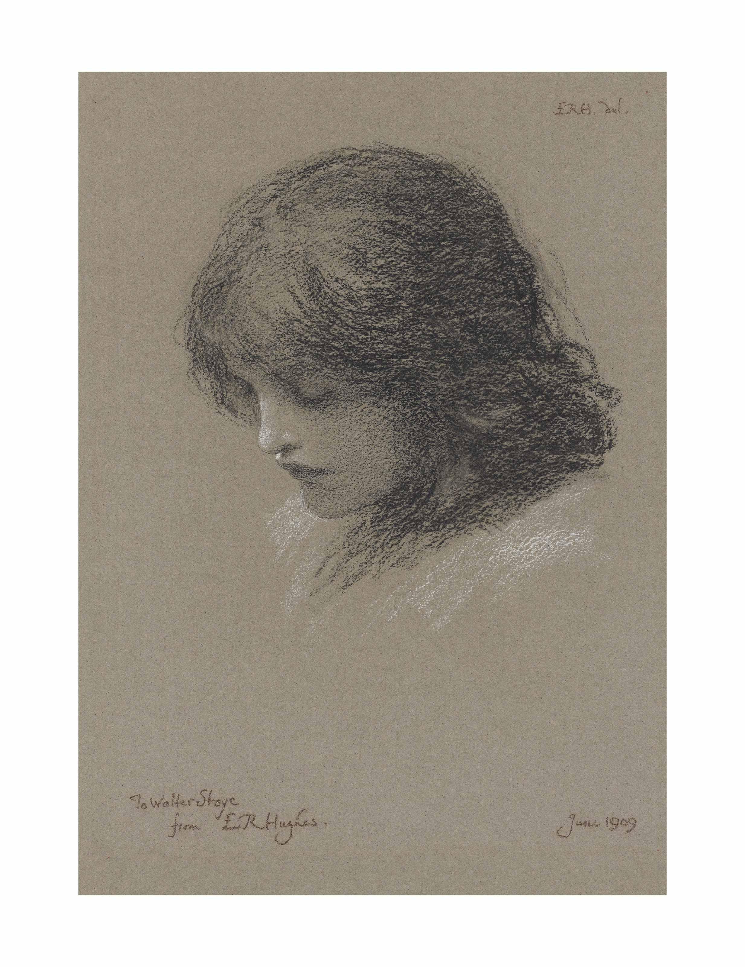 Edward Robert Hughes, R.W.S. - Head study of a young girl, looking downwards