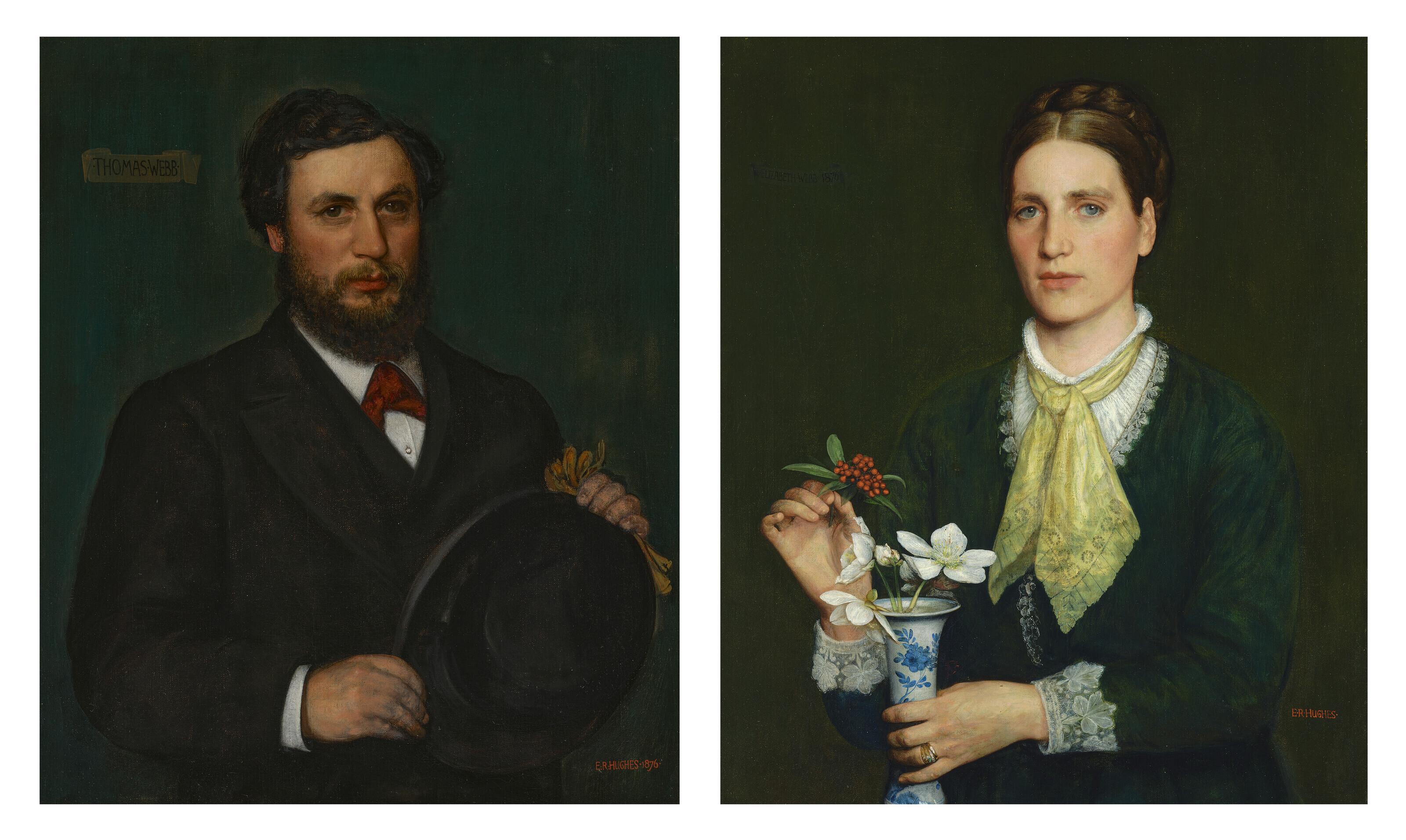 Edward Robert Hughes, R.W.S. - Portrait of Thomas Webb, holding a black hat; and Portrait of Elizabeth Webb, holding a vase of flowers