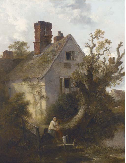 Edward Robert Smythe - Children before a riverside cottage