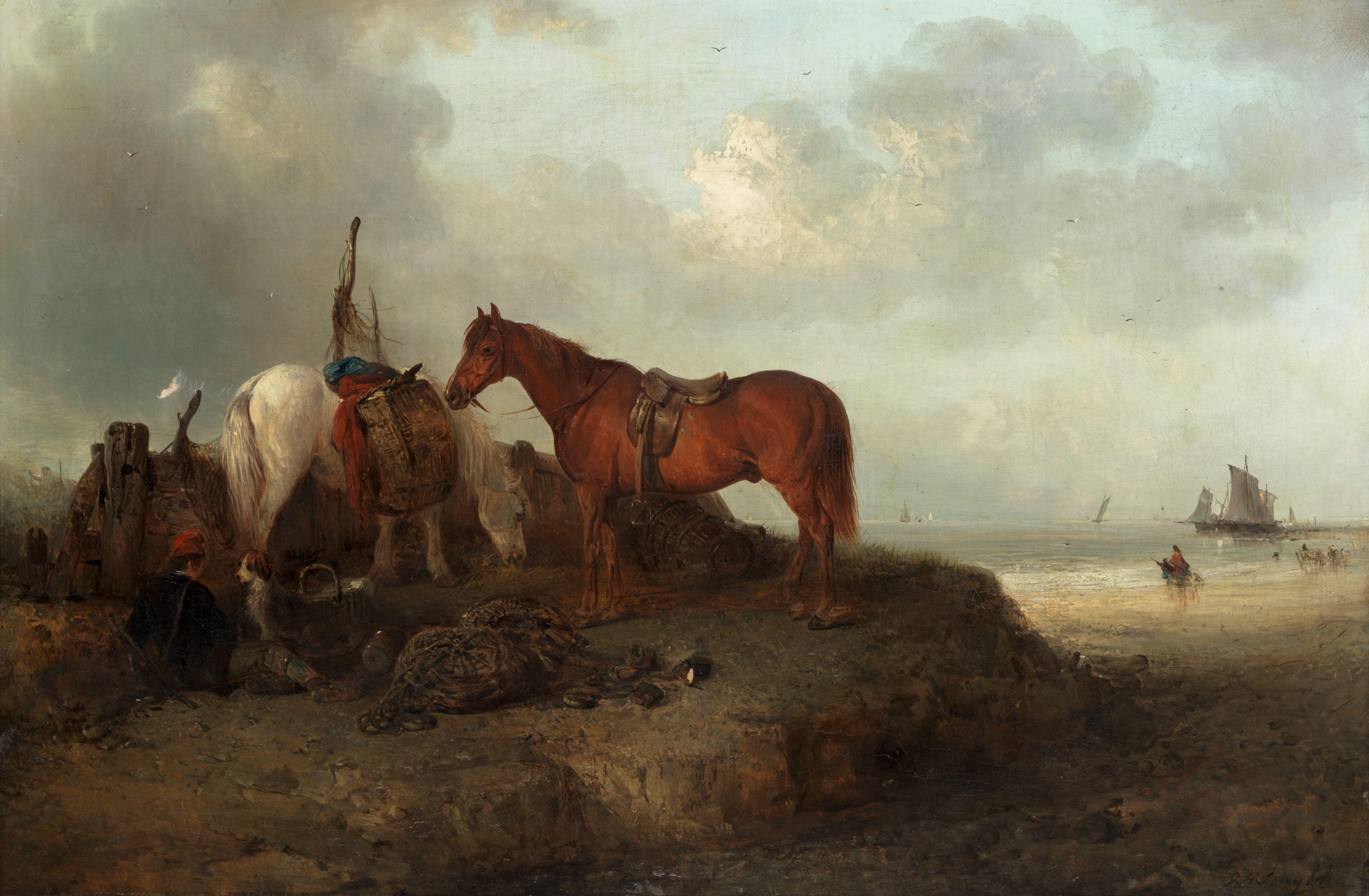 Edward Robert Smythe - Two horses, a boy and his dog on the coast