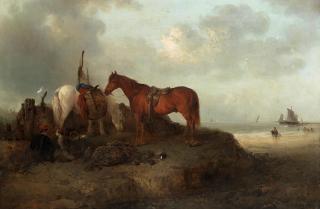 Edward Robert Smythe - Two horses, a boy and his dog on the coast