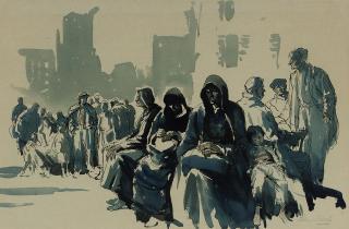 Edward Seago, R.W.S., R.B.A. - Refugees in the square at Savigno