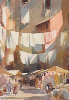 Edward Seago, RWS - A street market, Genoa