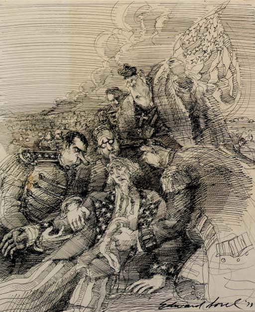 Edward Sorel - Death of Uncle Sam after a painting by Benjamin West