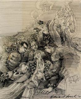 Edward Sorel - Death of Uncle Sam after a painting by Benjamin West