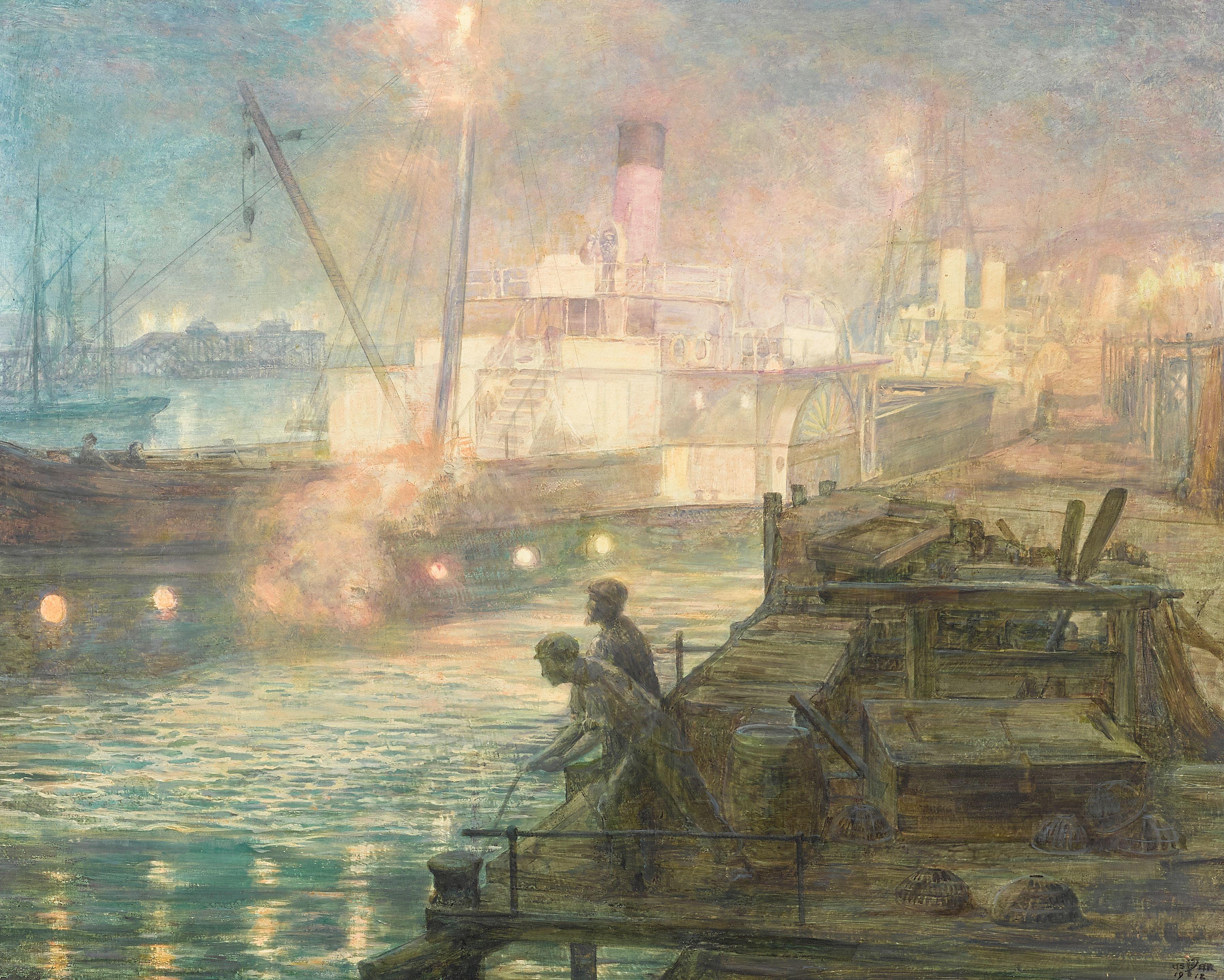 Edward Steel Harper Jnr., RBSA - Dockers by a paddle steamer