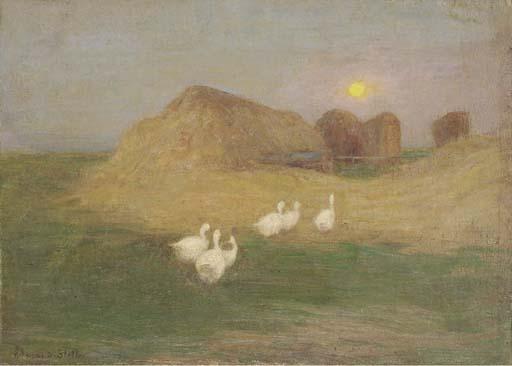 Edward Stott, A.R.A. - Moonrise over a stackyard