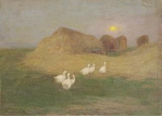 Edward Stott, A.R.A. - Moonrise over a stackyard
