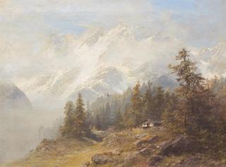 Edward Theodore Compton - Alpenlandschaft vor schneebedecktem Massiv