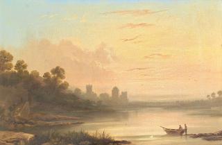 Edward Train - Dusk at a lakeside with a castle beyond