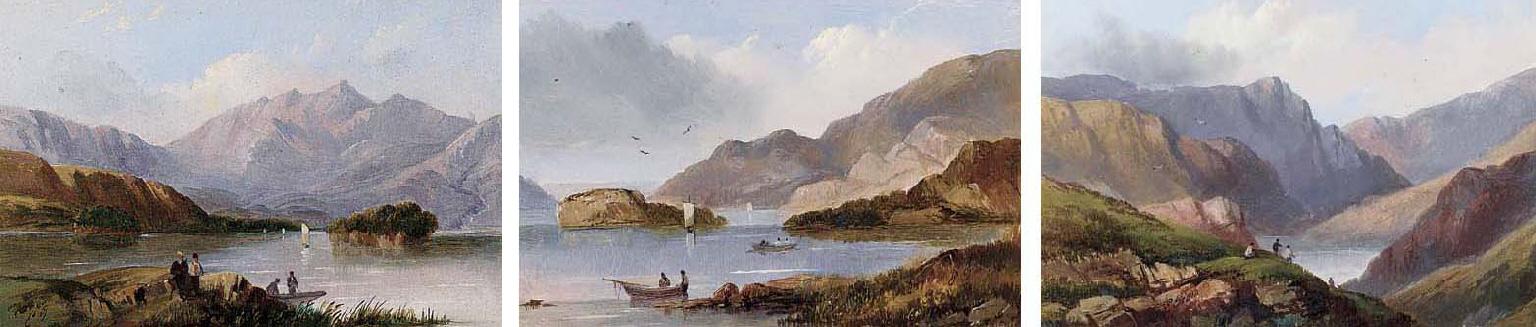 Edward Train - Figures in a Highland landscape; Boating on a loch; and Figures on the banks of a loch