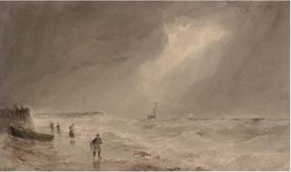 Edward Tucker - Fishermen on the beach, a swell brewing offshore