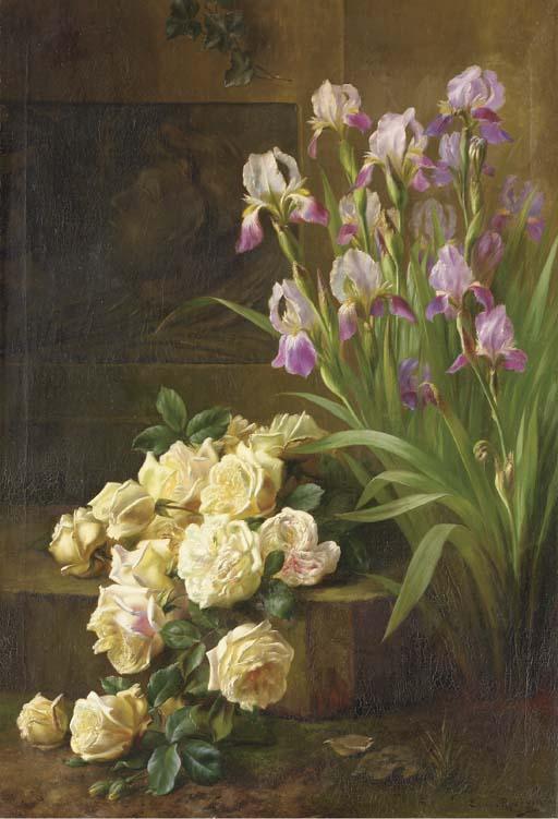 Edward Van Ryswyck - Pink Roses and Irises on a Stone Ledge