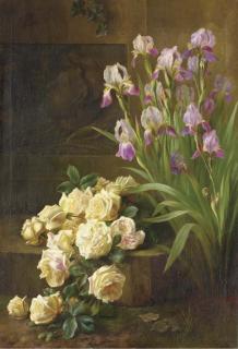 Edward Van Ryswyck - Pink Roses and Irises on a Stone Ledge