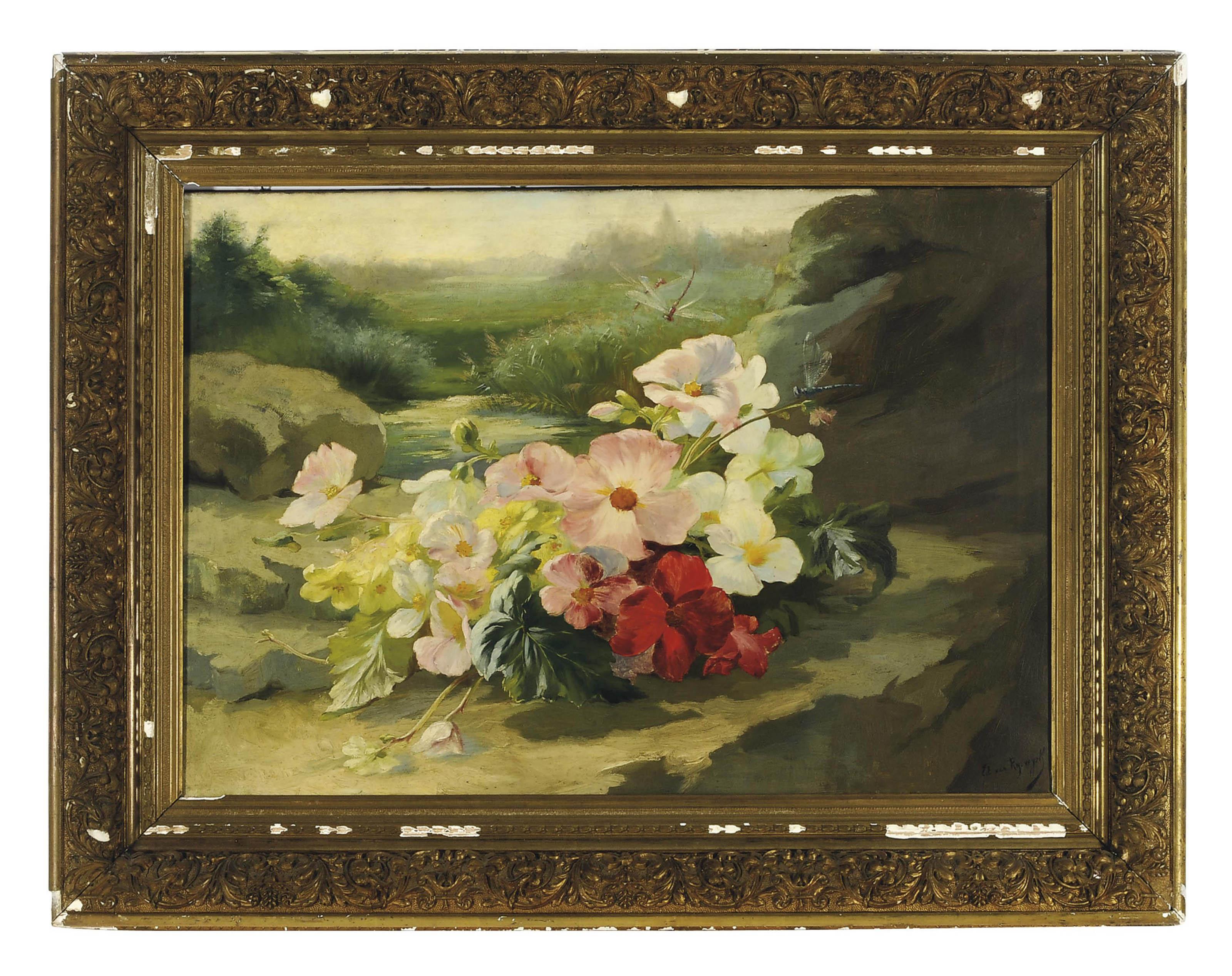 Edward van Ryswyck - Still life of flowers with dragonflies in front of a lake