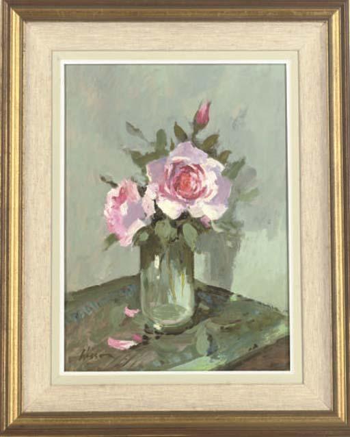 Edward Wesson - Pink roses in a glass vase, on a table