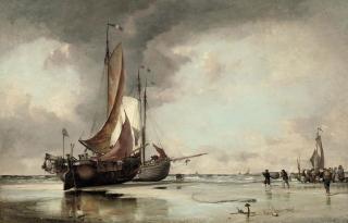 Edward William Cooke, R.A. - Dutch pincks beached on the shore at Scheveningen with fishermen unloading the day\'s catch