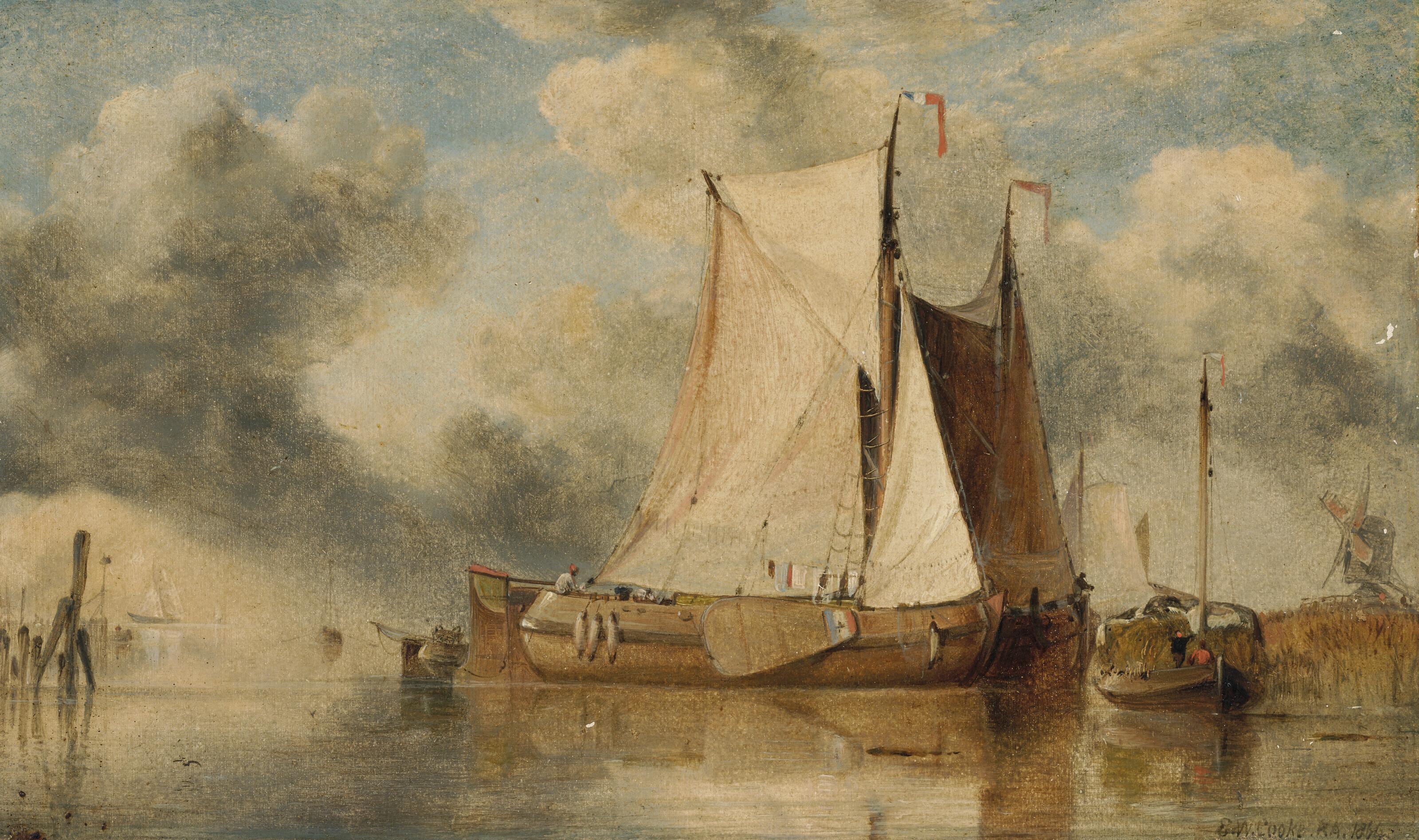 Edward William Cooke, R.A. - Dutch sailing boats on the Zuyder Zee with a distant windmill