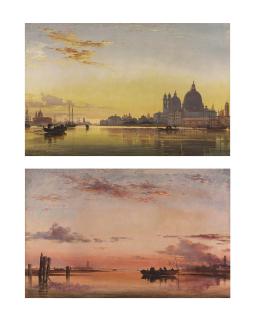 Edward William Cooke, R.A. - Sunset on the Lagoon of Venice, Church of Isola di San Giorgio in Alga in the distance; and Santa Maria Della Salute, Venice: Evening