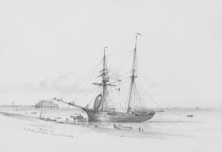 Edward William Cooke RA - A group of 7 pencil drawings of boats including \'Boulogne fishing boat aground\', \'Scheveling Shore\' and \'Stay-sail of sloop\' various sizes, the largest 15.9 x 22.8cm (6 1/4 x 9in). (7)