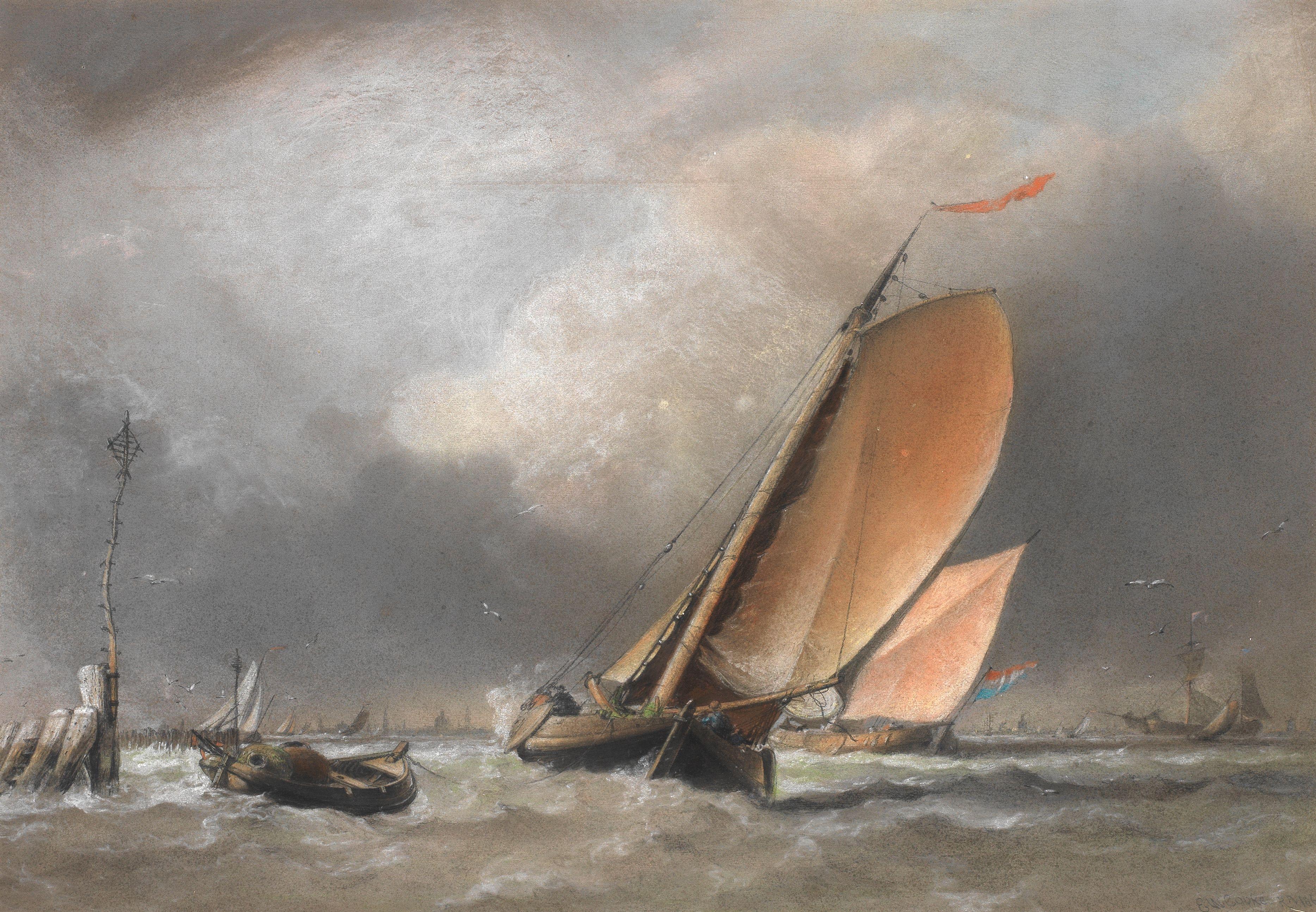 Edward William Cooke, RA - Dutch hoys and other shipping in choppy waters off Amsterdam
