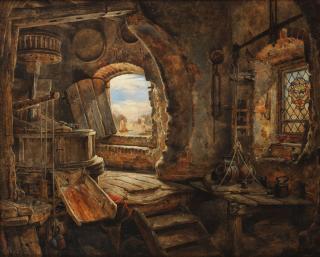 Edward William Cooke, RA - The upper floor of Rembrandt\'s father\'s mill, Koukerk