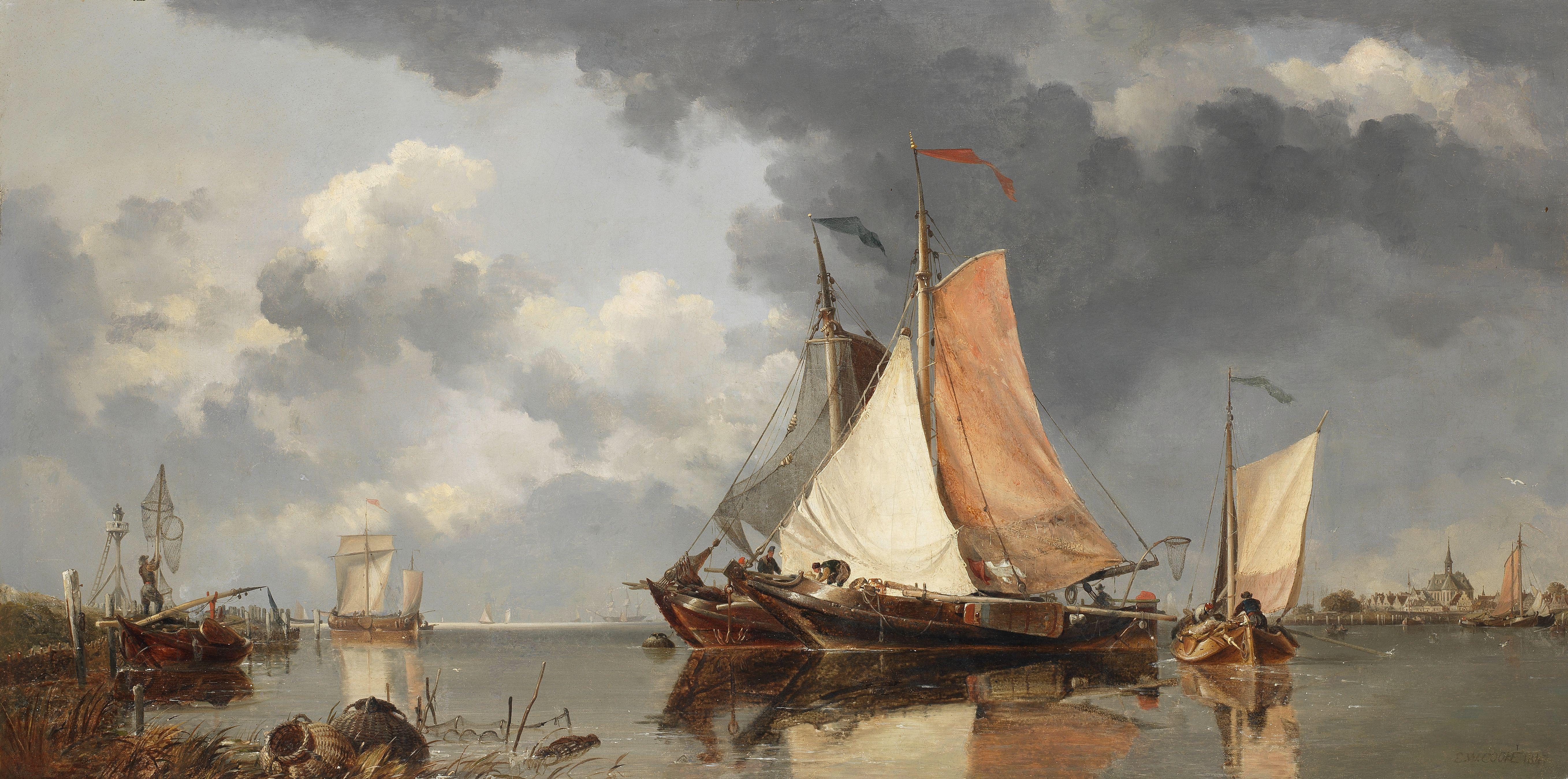 Edward William Cooke, RA - Zuider Zee fishing craft drying nets in the harbour of Spaarndam