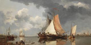 Edward William Cooke, RA - Zuider Zee fishing craft drying nets in the harbour of Spaarndam