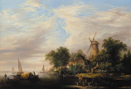 Edward Williams - A river estuary with a windmill and cottages, boats in the foreground and cattle watering at the river edge