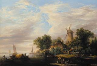 Edward Williams - A river estuary with a windmill and cottages, boats in the foreground and cattle watering at the river edge