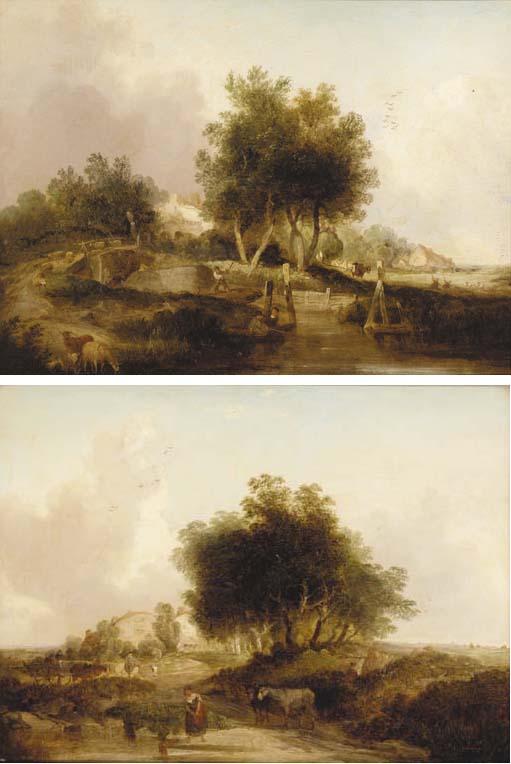 Edward Williams - Anglers in a boat with a bridge beyond, in an extensive wooded landscape; and A girl collecting water with a horses and cart and gypsy encampment beyond, in an extensive wooded landscape