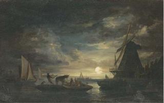 Edward Williams - Cattle on a barge in a moonlit landscape; and Cattle and sheep in a moonlit estuary landscape