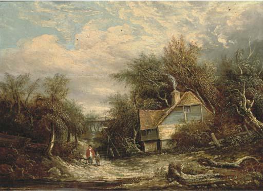 Edward Williams - Figures by a cottage, in a woodland landscape
