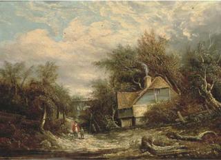 Edward Williams - Figures by a cottage, in a woodland landscape