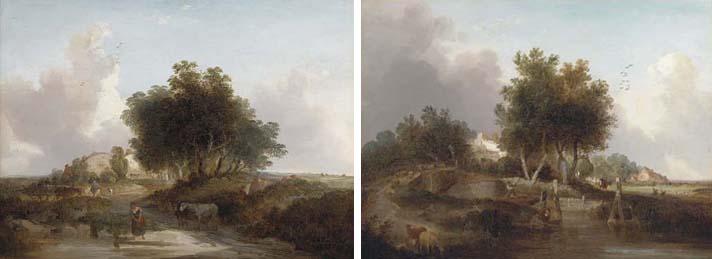 Edward Williams - Figures in a river landscape, with harvesters beyond; and A figure by a pond with a horse and trap beyond