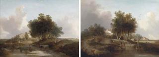 Edward Williams - Figures in a river landscape, with harvesters beyond; and A figure by a pond with a horse and trap beyond