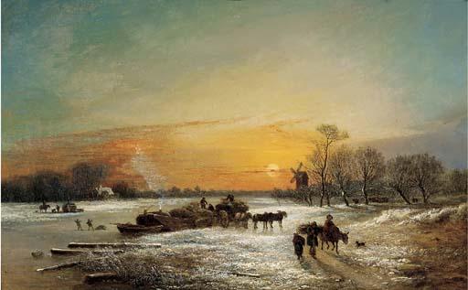 Edward Williams - Figures unloading a haybarge in a winter landscape