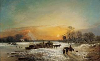 Edward Williams - Figures unloading a haybarge in a winter landscape