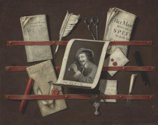 Edwart Collier - A trompe l\'oeil still life of a letter rack - an engraving, a Dutch and an English newspaper, sealed letters, a feather quill, red and black sealing wax, a silver seal, scissors and a pen knife