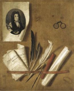 Edwart Collier - A trompe l\'oeil still life of an engraving of King Charles II, newspapers, feathers, a compass, a sealing wax stick, a scroll and a pair of glasses affixed to a partition