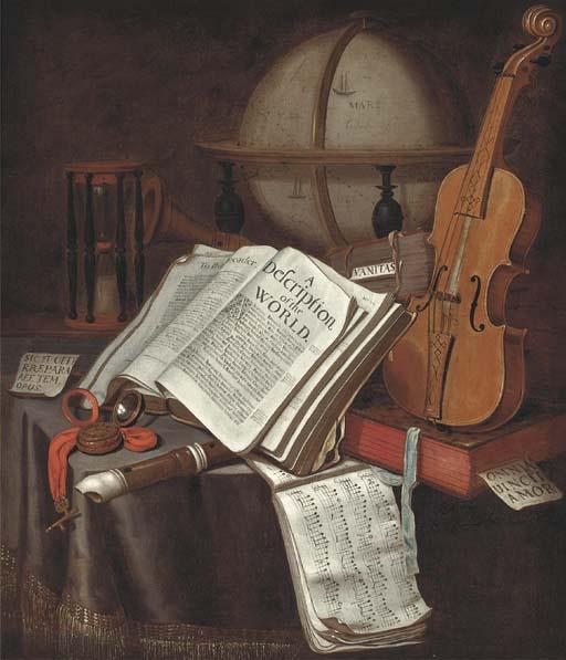 Edwart Collier - A vanitas still-life of a globe, books, an hourglass, a violin, a recorder, sheet music and a pocket watch on a draped table