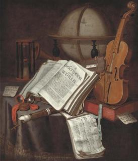 Edwart Collier - A vanitas still-life of a globe, books, an hourglass, a violin, a recorder, sheet music and a pocket watch on a draped table