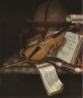 Edwart Collier - A vanitas still life with a violin, a recorder, books, a scroll and music with a globe on a marble ledge