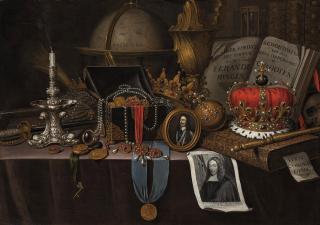 Edwart Collier - A Vanitas with a medallion of Henri IV of France, a candlestick, globe and other objects, on a draped table