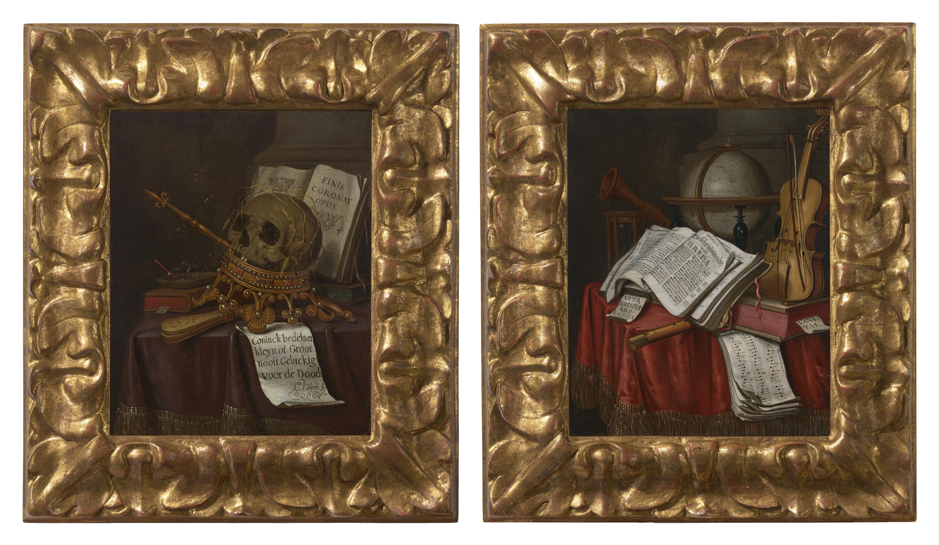 Edwart Collier - A vanitas with a skull on on upturned crown, bubbles, and books on a draped table; and A vanitas with a globe, violin, open book, reed instruments and an hourglass on a draped table