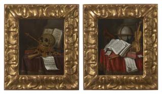 Edwart Collier - A vanitas with a skull on on upturned crown, bubbles, and books on a draped table; and A vanitas with a globe, violin, open book, reed instruments and an hourglass on a draped table