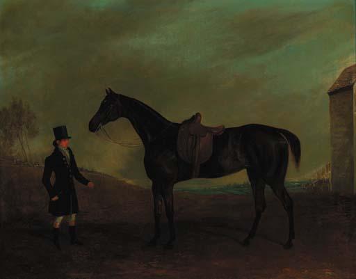 Edwin Cooper - A side-saddled bay hunter with a groom in a landscape