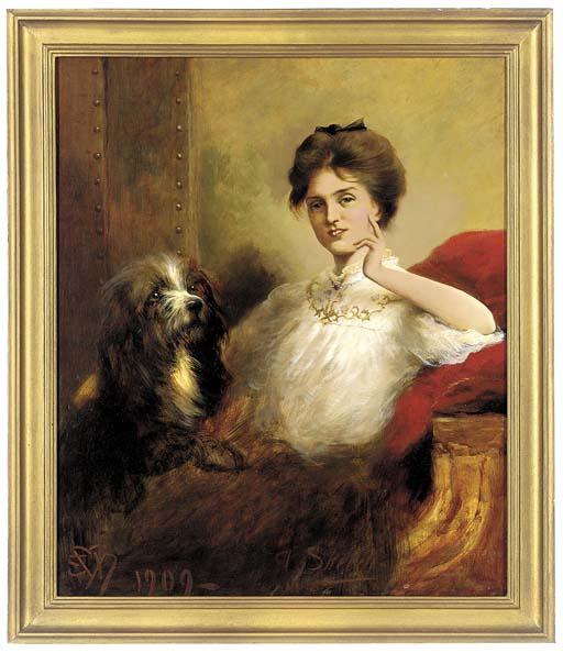 Edwin Douglas - Portrait of a lady, seated three-quarter-length, in a white blouse with lace trim, a terrier to her side