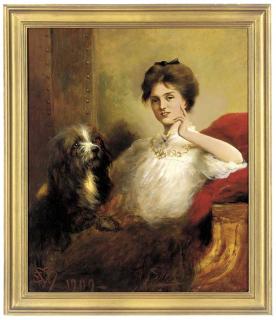 Edwin Douglas - Portrait of a lady, seated three-quarter-length, in a white blouse with lace trim, a terrier to her side